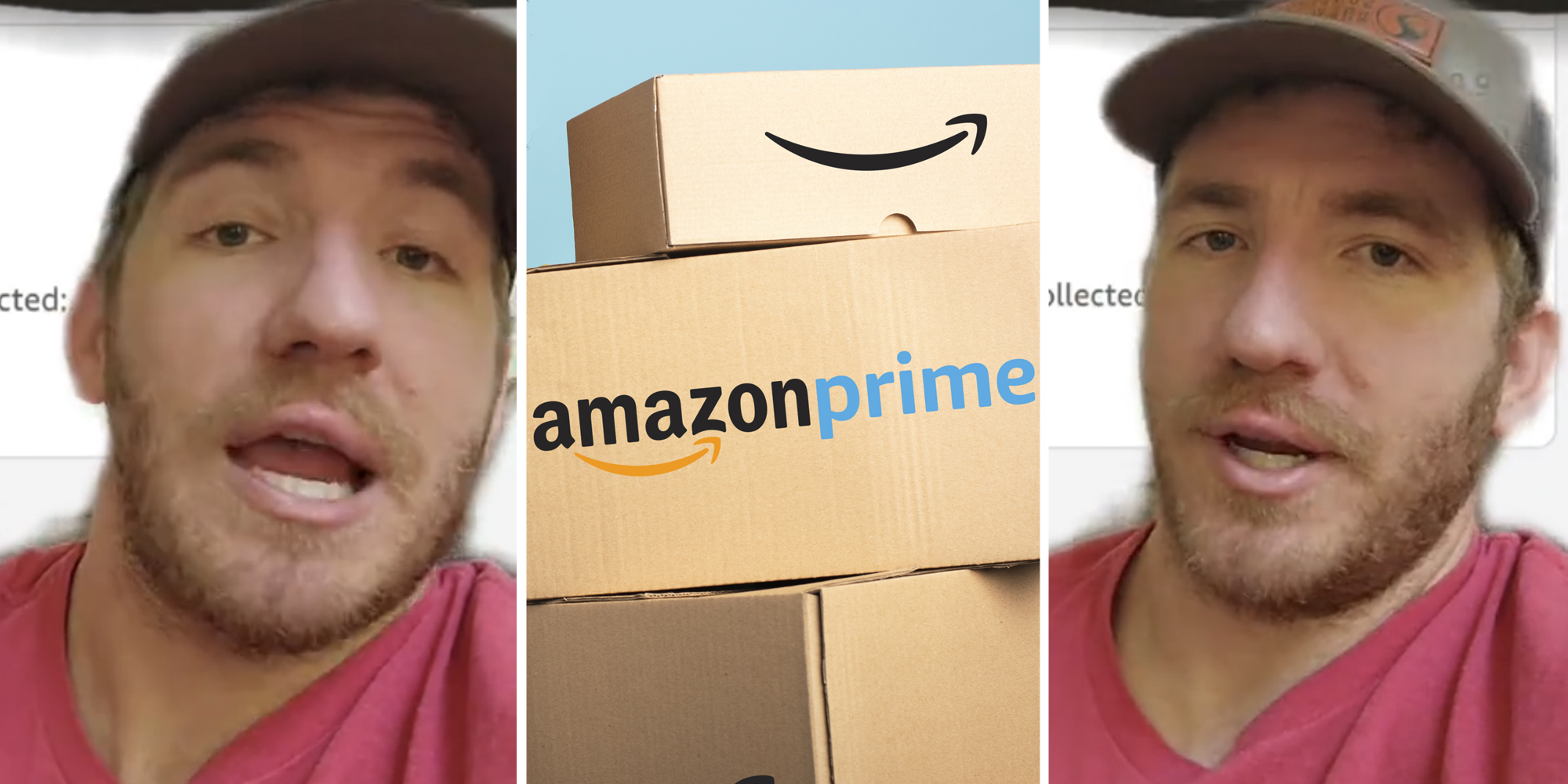 Man talking(l+r), AMazon Prime boxes(c)