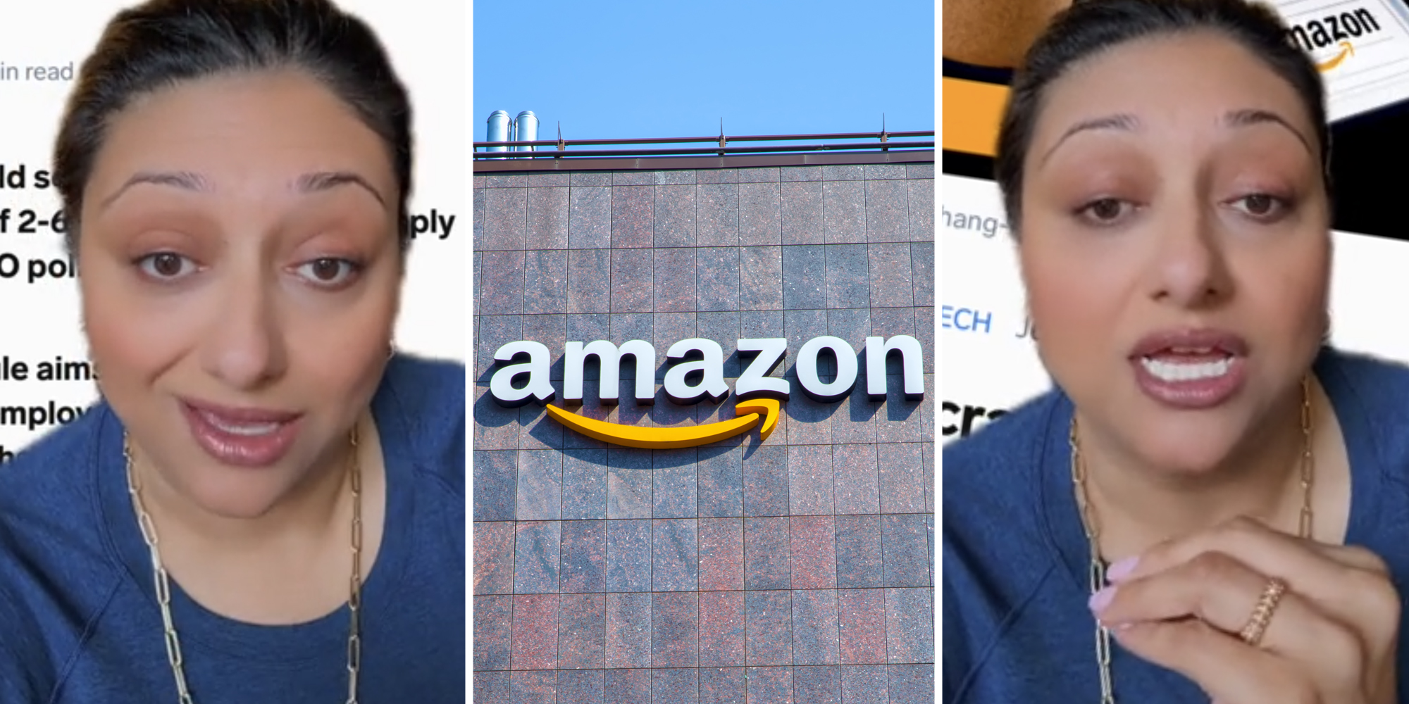 Woman talking(l+r), Amazon sign(c)