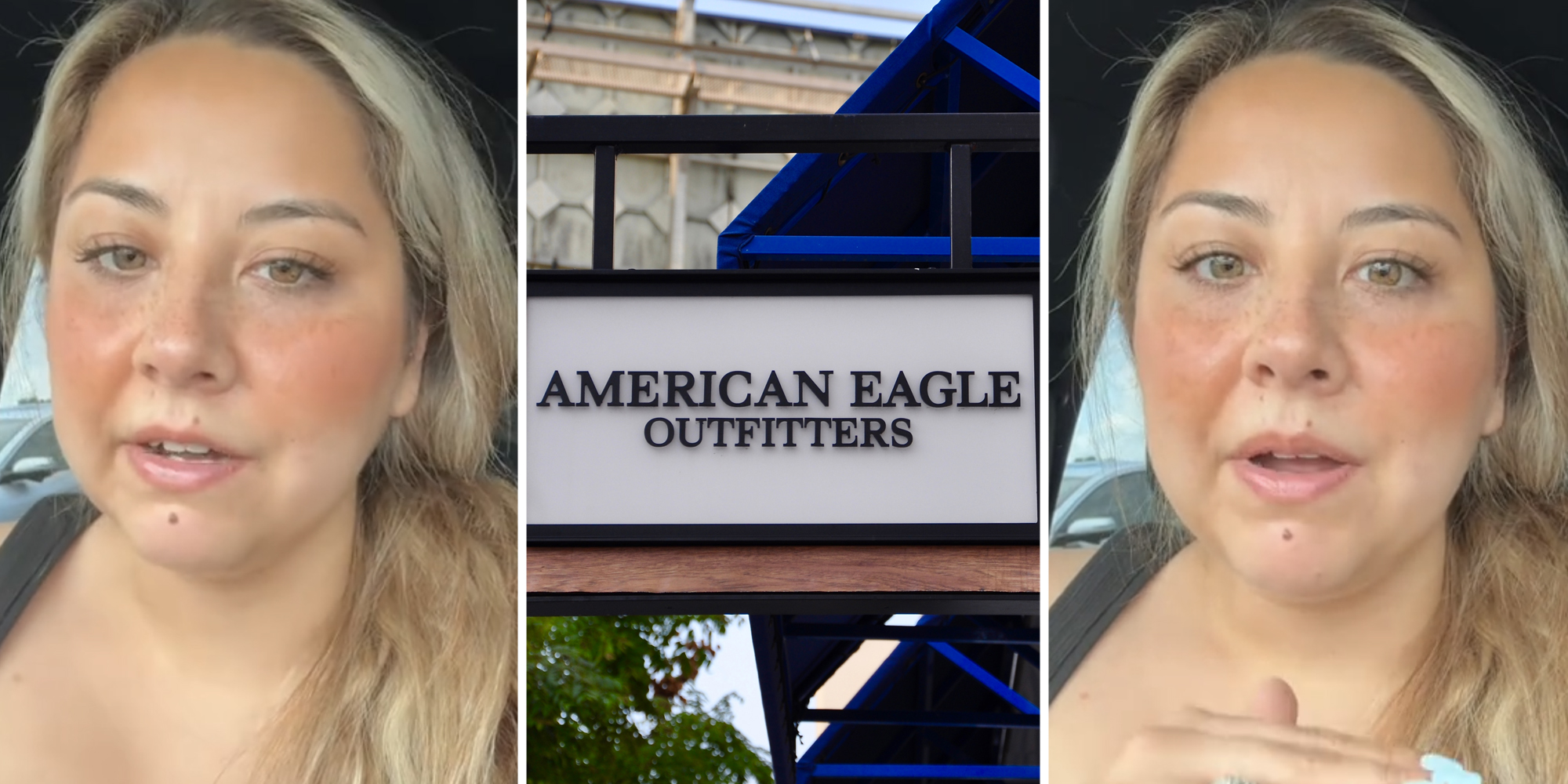 Woman talking(l+r), American Eagle sign(c)