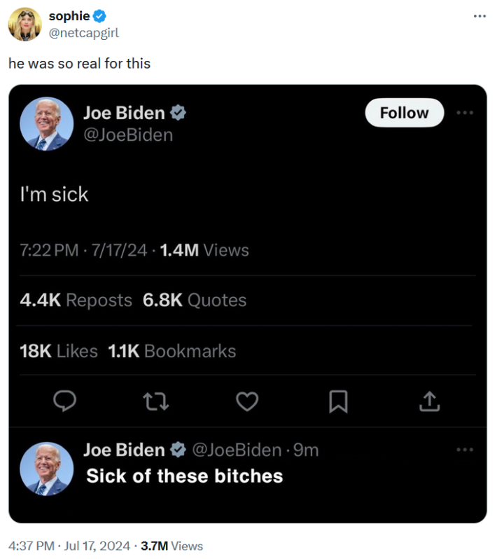 Biden COVID meme with the President's "I'm sick" tweet follow-up Photoshopped to say "sick of these b*tches."