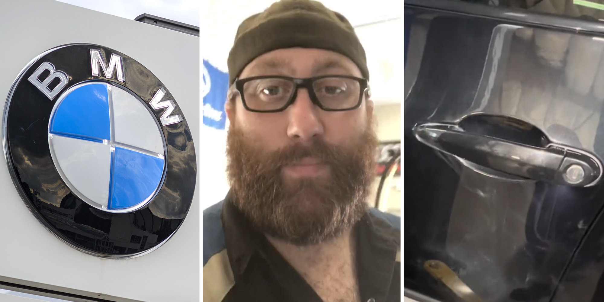 BMW sign(l), Man talking(c), Car handle(R)