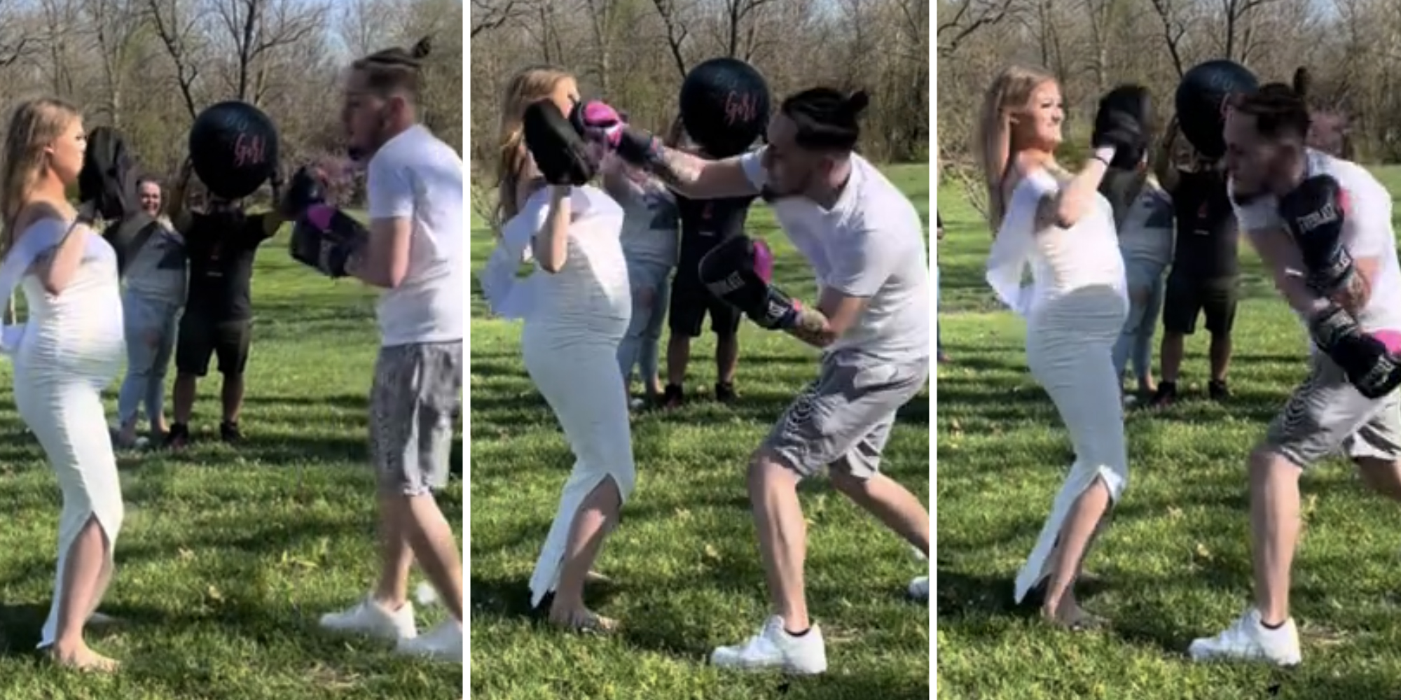 Three split of man boxing against pregnant wife