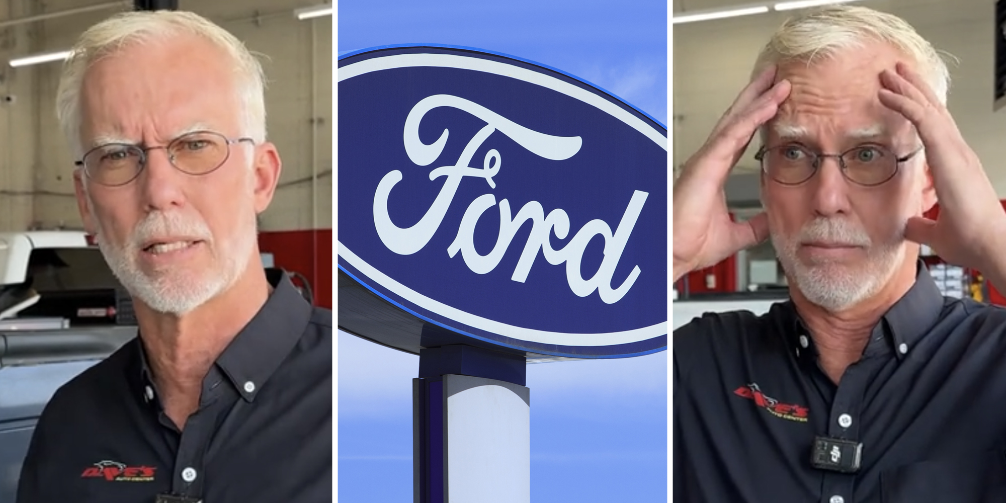 Man talking(l), Ford sign(c), Man looking shocked(r)