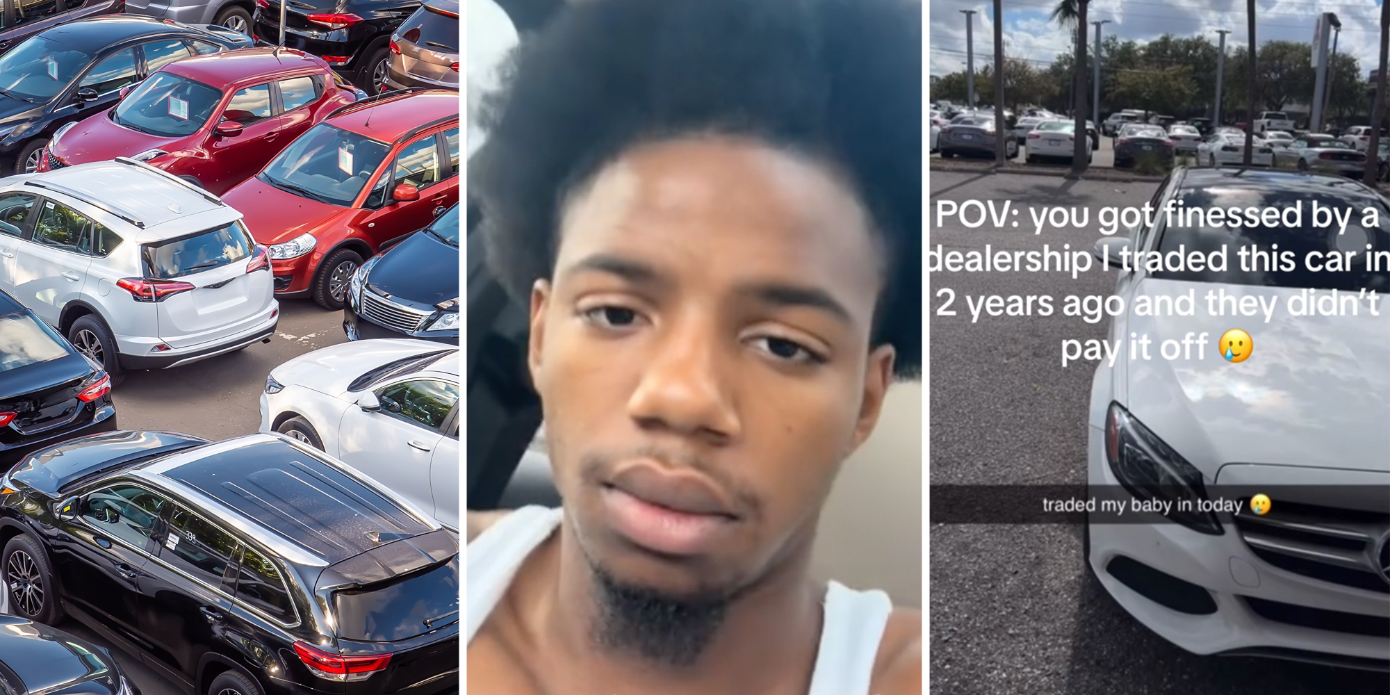 Car Dealership(l), Man talking(c), Car(r)