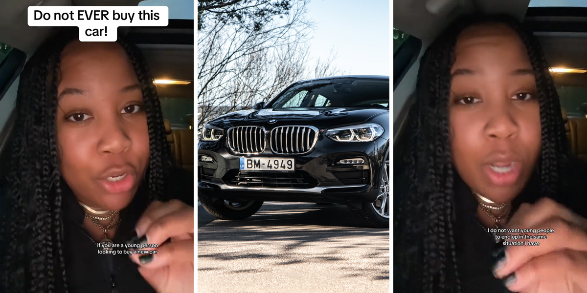 woman speaking in car with caption " Do not EVER buy this car! if you are a young person looking to buy a new car" (l) BMW (c ) woman speaking in car with caption "I do not want young people to end up in the same situation I have" (r)