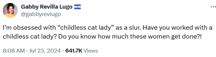 Tweet reading "Kamala is a bitter, miserable, childless cat lady who is constantly laughing and having a great time."