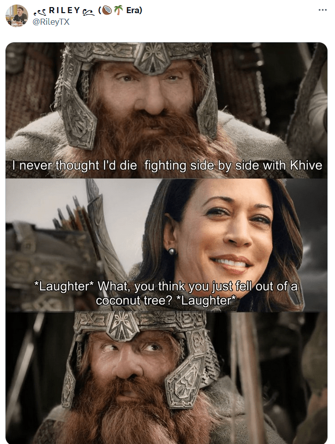 coconut tree meme with lord of the rings and kamala harris