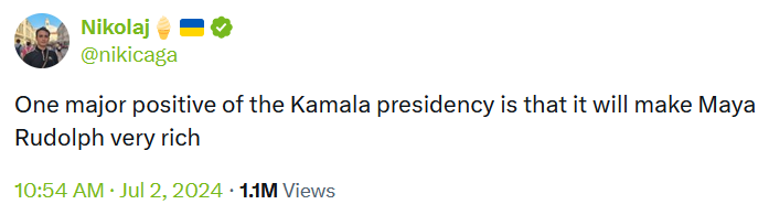 coconut tree meme reading: "one major positive of the kamala president is that it will make Maya Rudolph very rich"