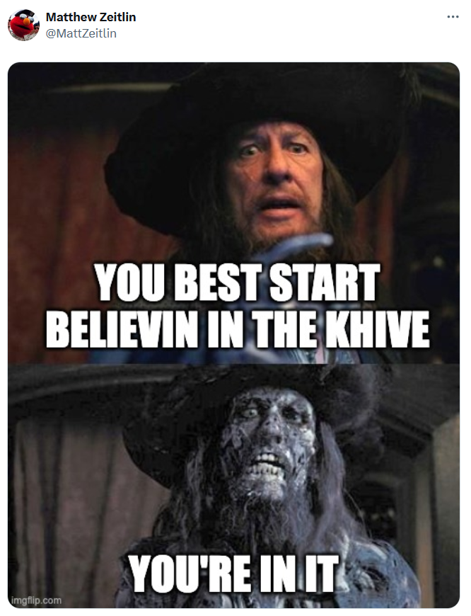 coconut tree meme with pirates of the Caribbean villain reading "you best start believing in the Khive, you're in it"