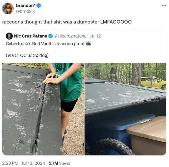 Quote tweet of the Cybertruck dumpster meme reading "Raccoons know that’s a dumpster even if you spent $120,000 and pretend it’s a truck."