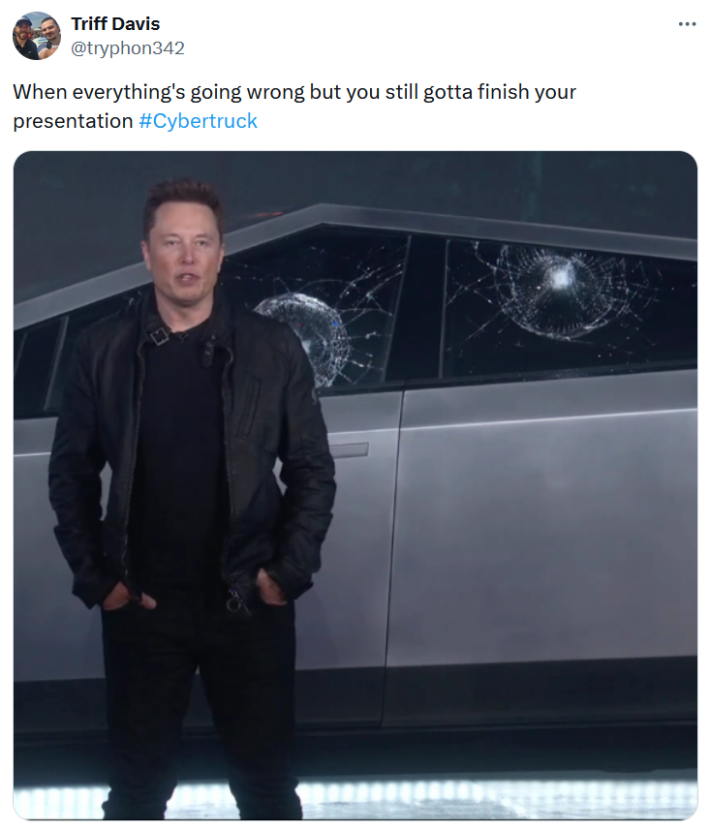 Cybertruck meme with a photo of Elon Musk standing in front of the smashed window prototype.