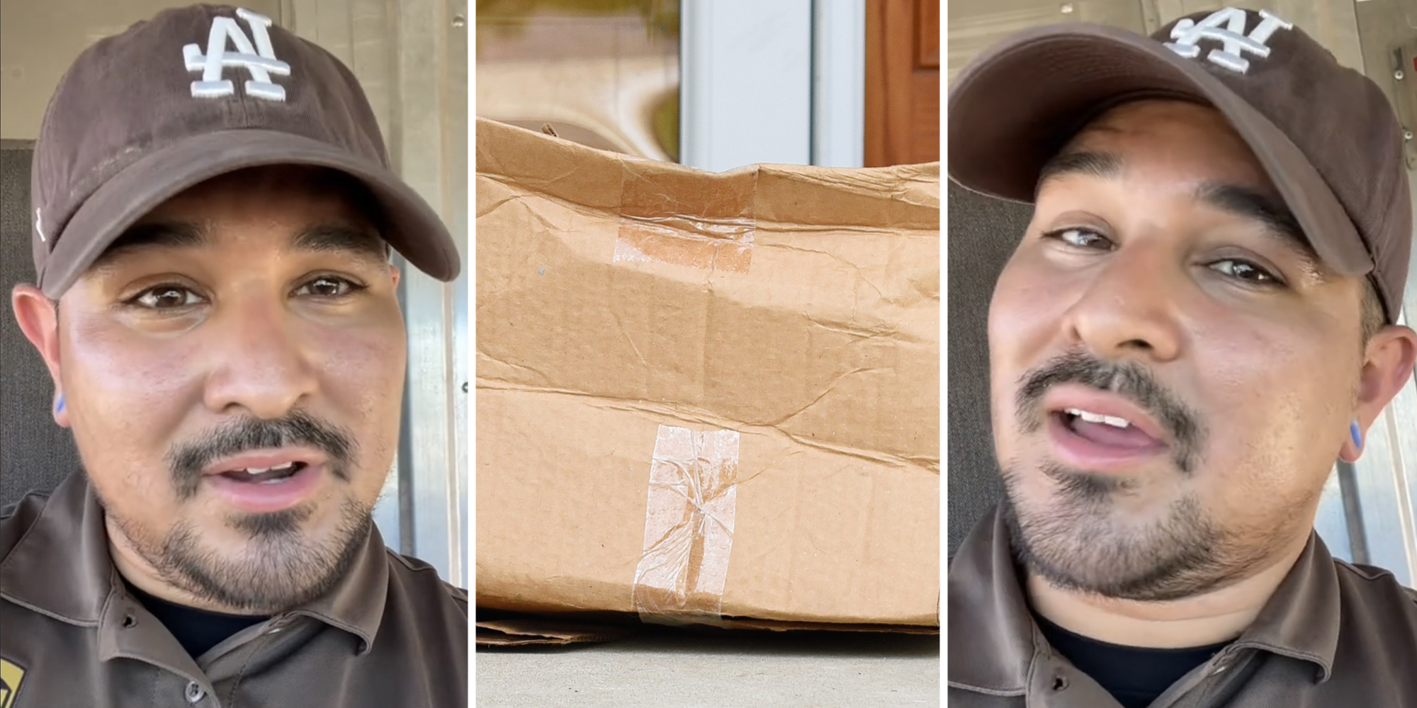 Man talking(l+r), Damaged package(c)
