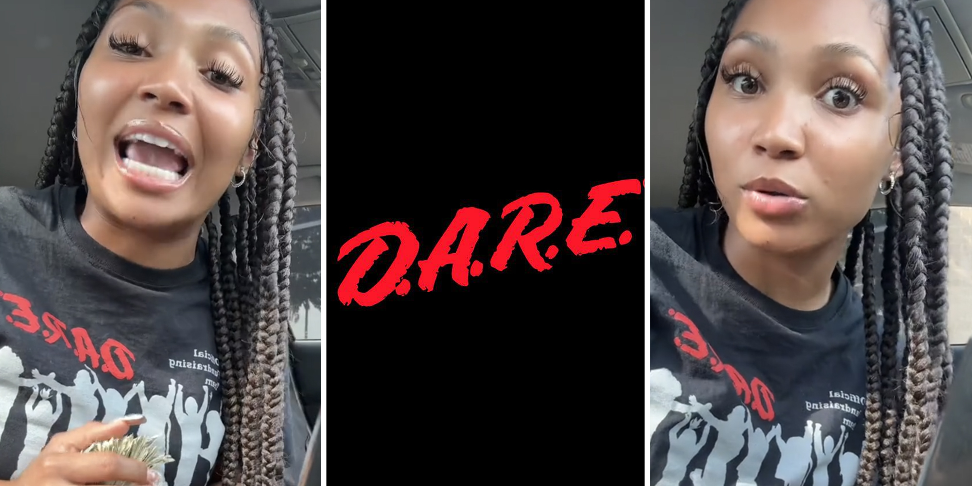 Woman talking(L+r), D.A.R.E. logo(c)