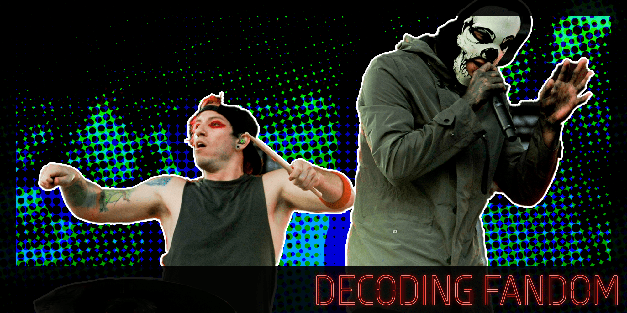 The band Twenty One Pilots surrounded by fan art. There is text in a Daily Dot newsletter web_crawlr font that says 'Decoding Fandom' in the bottom right corner.