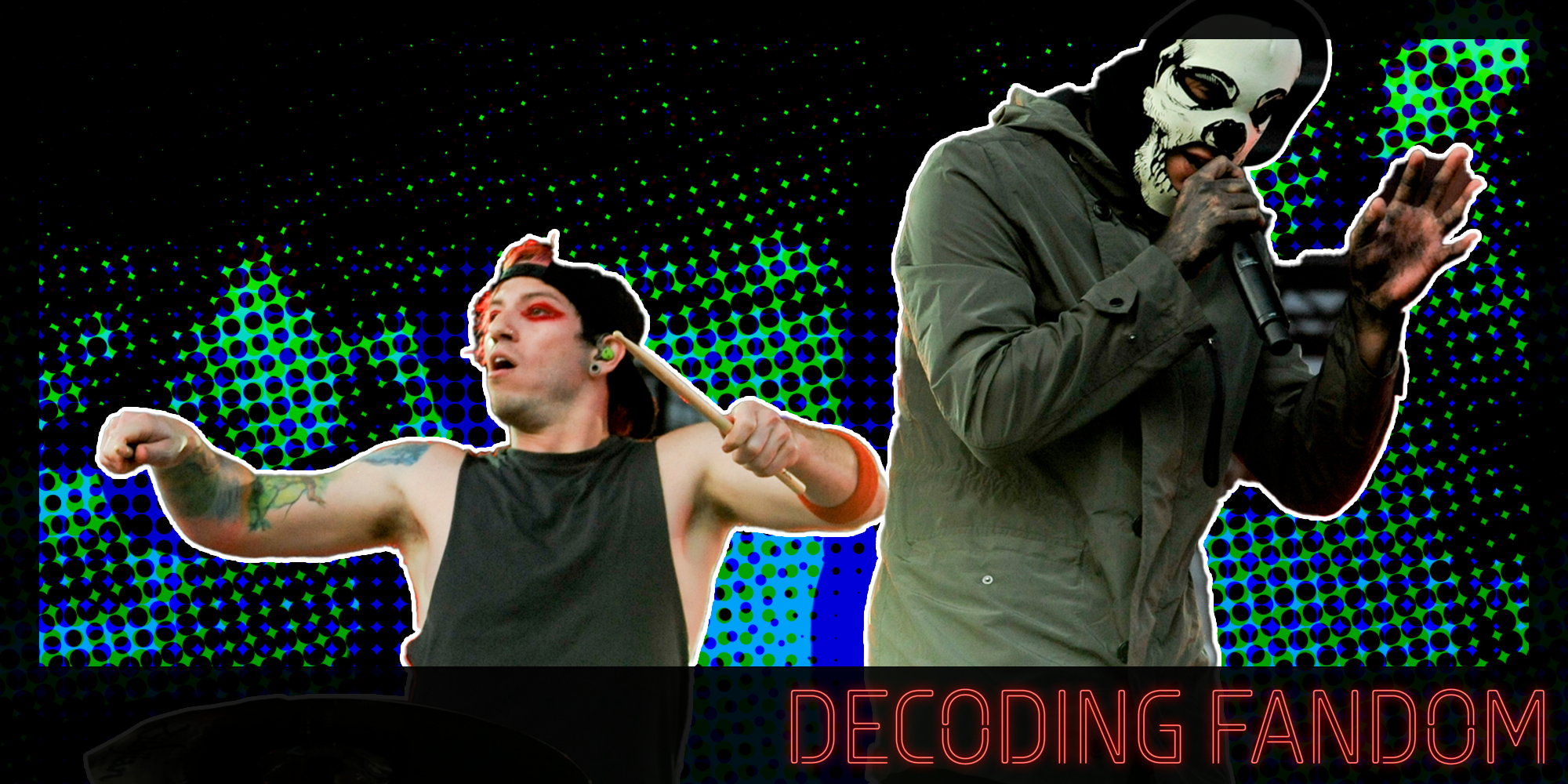 The band Twenty One Pilots surrounded by fan art. There is text in a Daily Dot newsletter web_crawlr font that says 'Decoding Fandom' in the bottom right corner.