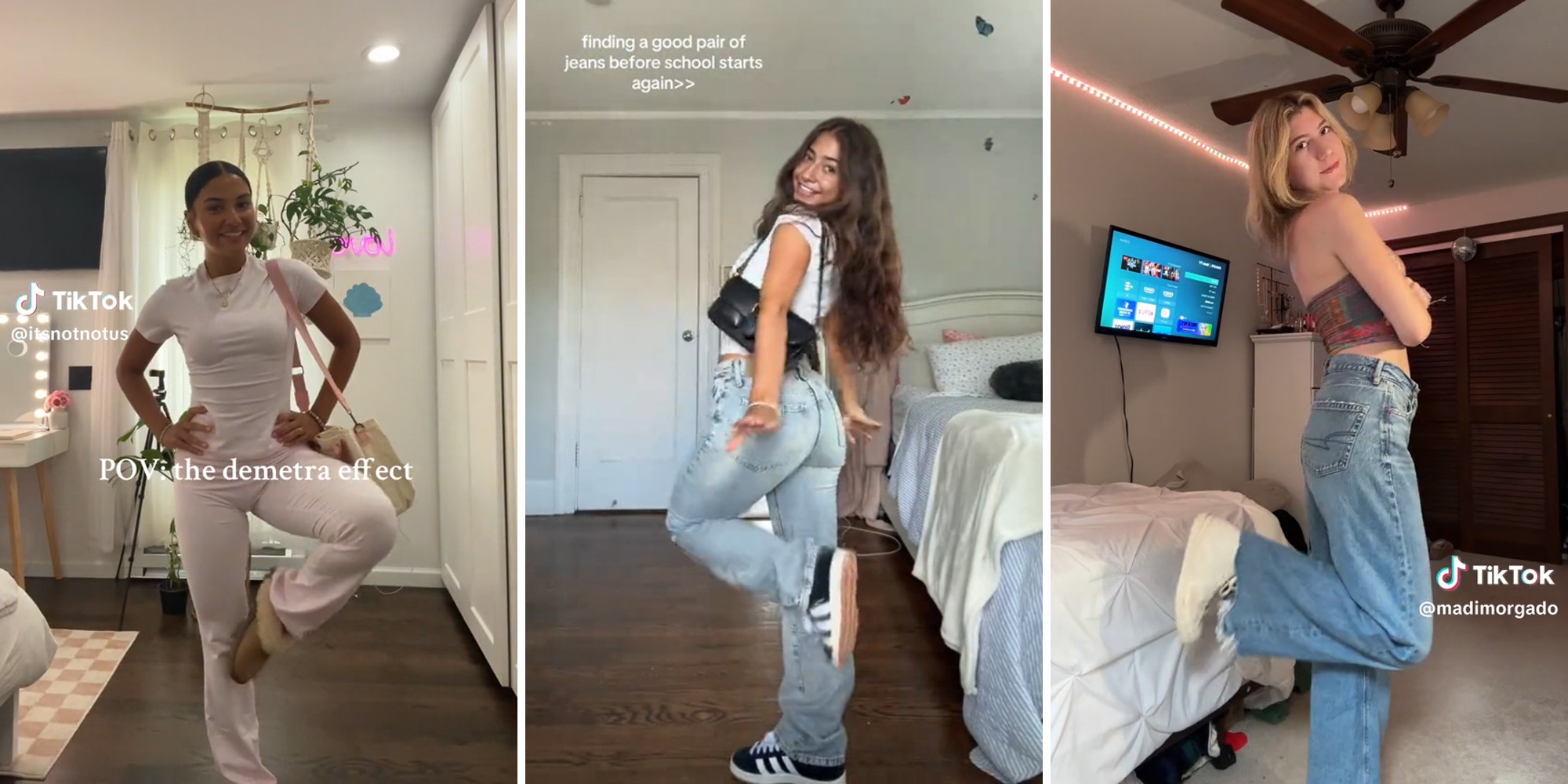 young women with one foot raised, showing off outfits