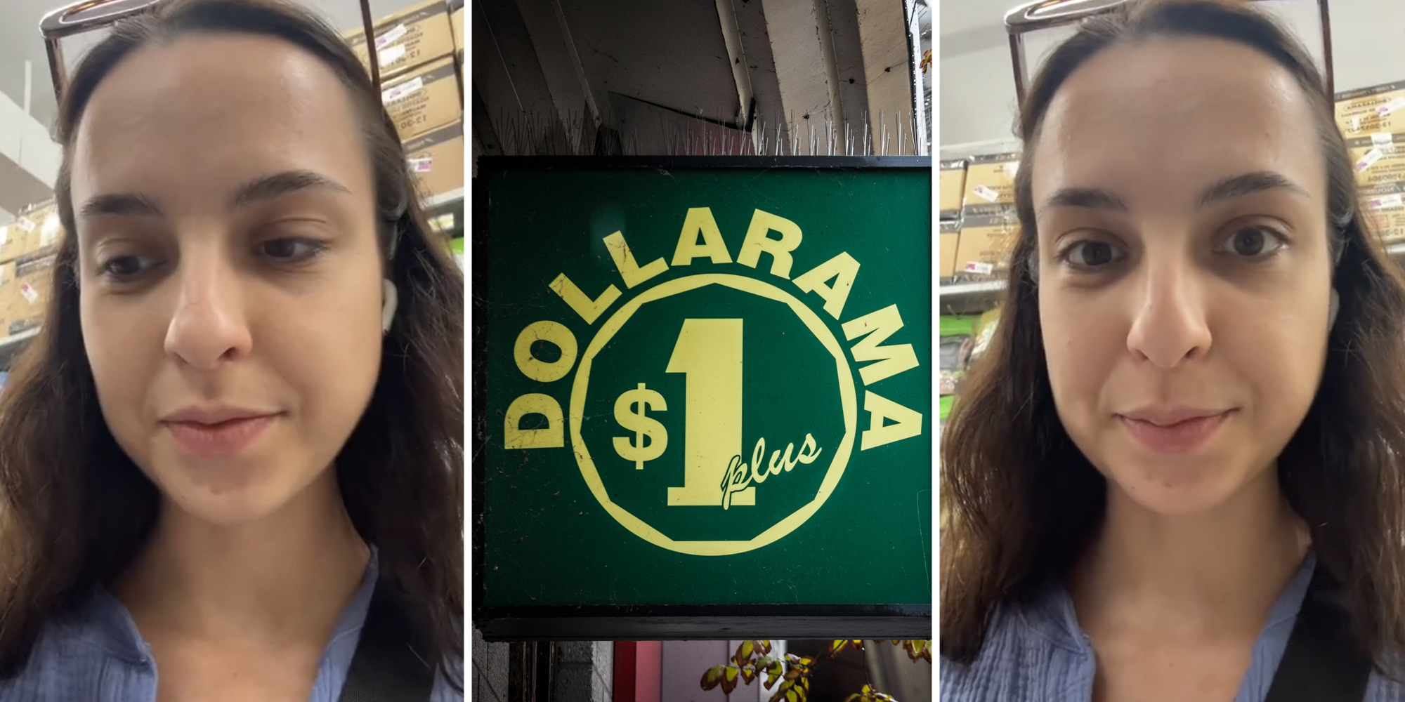 Woman talking(l+r), Dollarama sign(c)