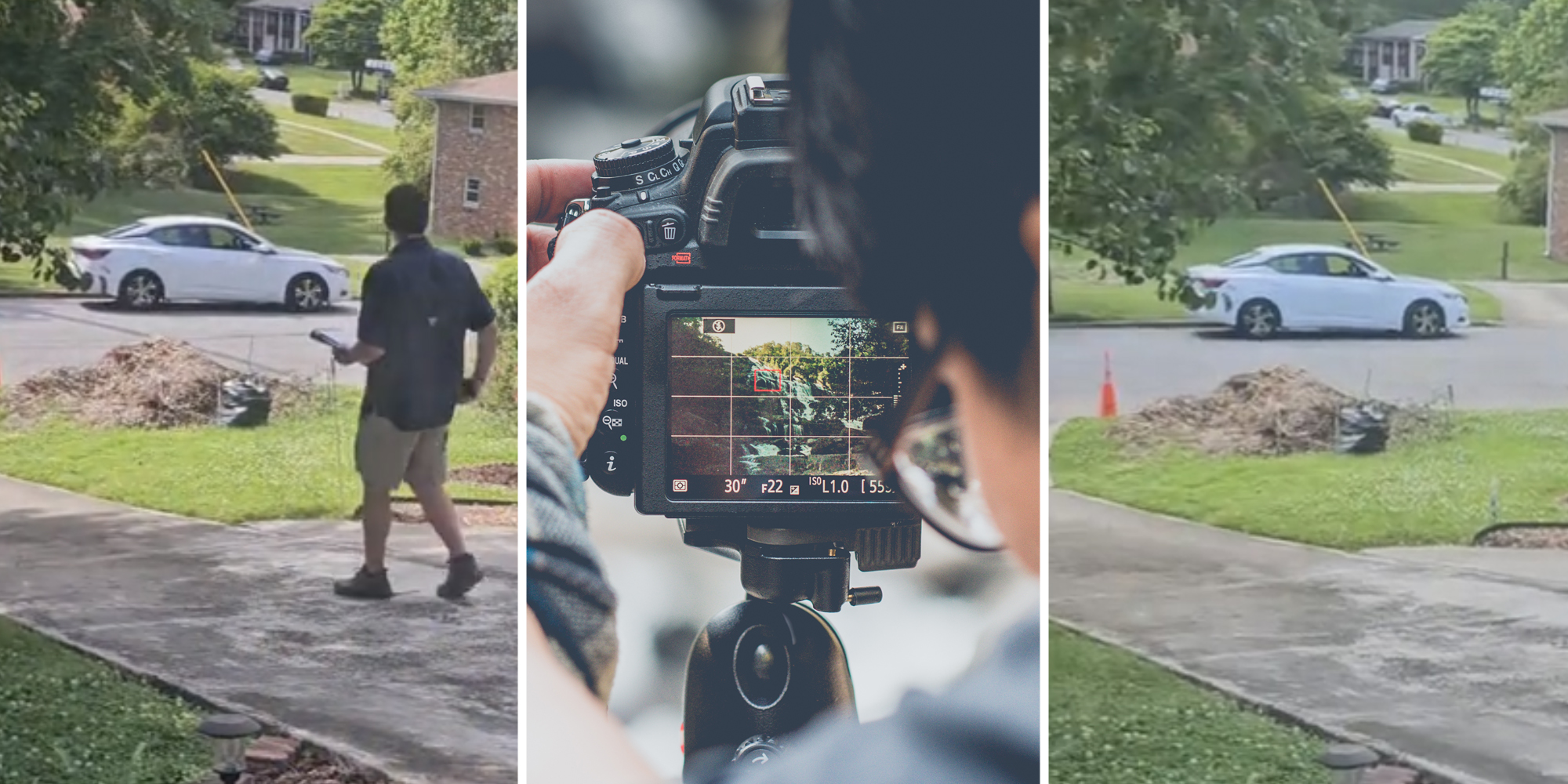 Man by car(l), Someone filming(c), Car on road(r)