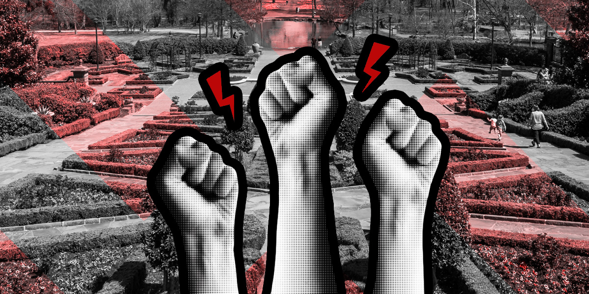 hands in protest over Fort Worth Garden