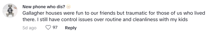 TikTok comment that reads, "Gallagher houses were fun to our friends but traumatic for those of us who lived there. I still have control issues over routine and cleanliness with my kids"