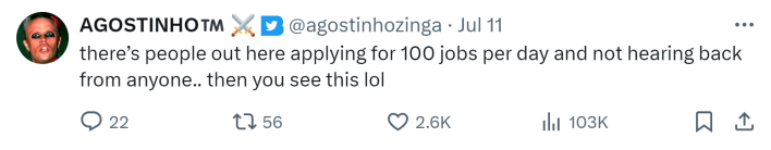 Screenshot of a tweet that reads, "there’s people out here applying for 100 jobs per day and not hearing back from anyone.. then you see this lol" in response to the gen z boss in a mini video