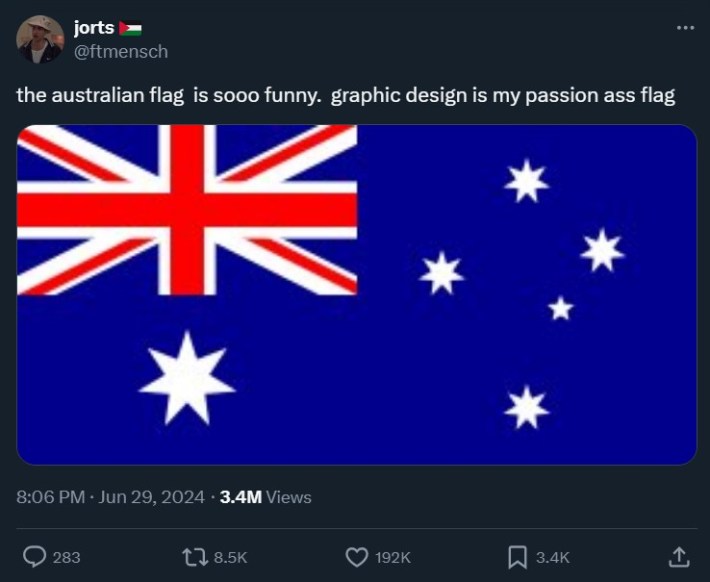 tweet featuring australian flag that reads "the australian flag  is sooo funny.  graphic design is my passion ass flag"