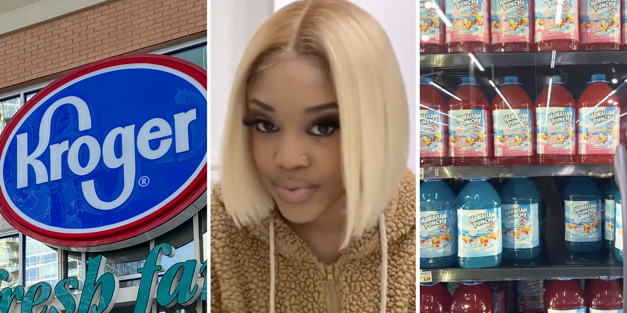 Kroger(l), Woman(c), Hawaiian Punch in refrigerator(r)