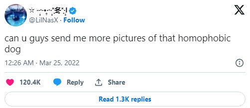 lil nas x tweet that reads "can u guys send me more pictures of that homophobic dog"