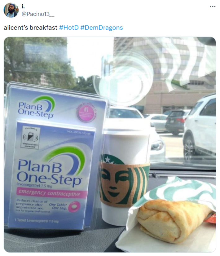 Tweet reading "alicent's breakfast" with a photo of Starbucks and PlanB.