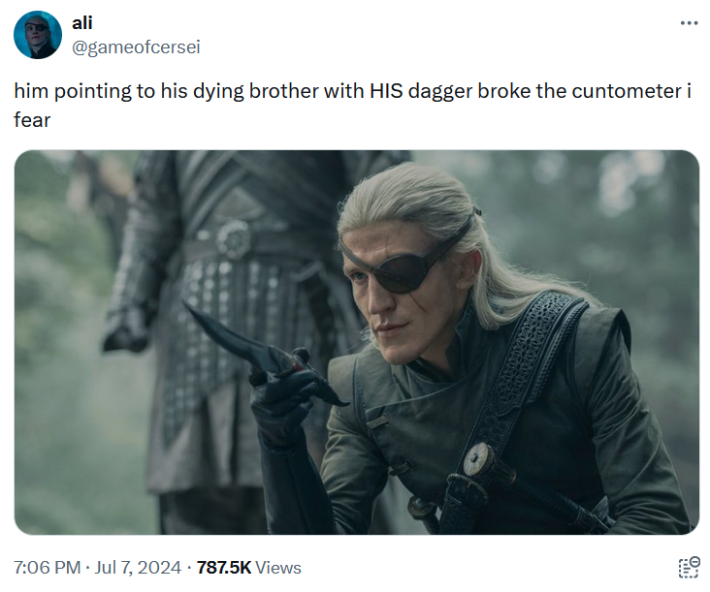 Tweeted image of Aemond from House of the Dragon reading "him pointing to his dying brother with HIS dagger broke the cuntometer i fear."
