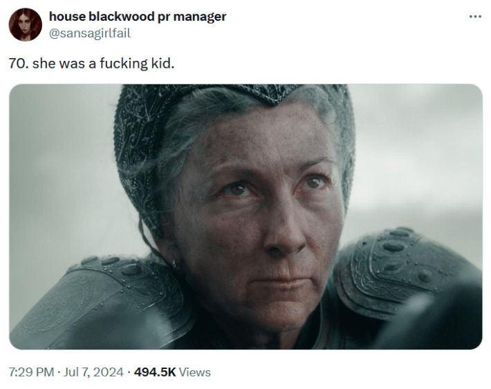 Tweet with a photo of Rhaenys from House of the Dragon reading "10. she was a fucking kid."