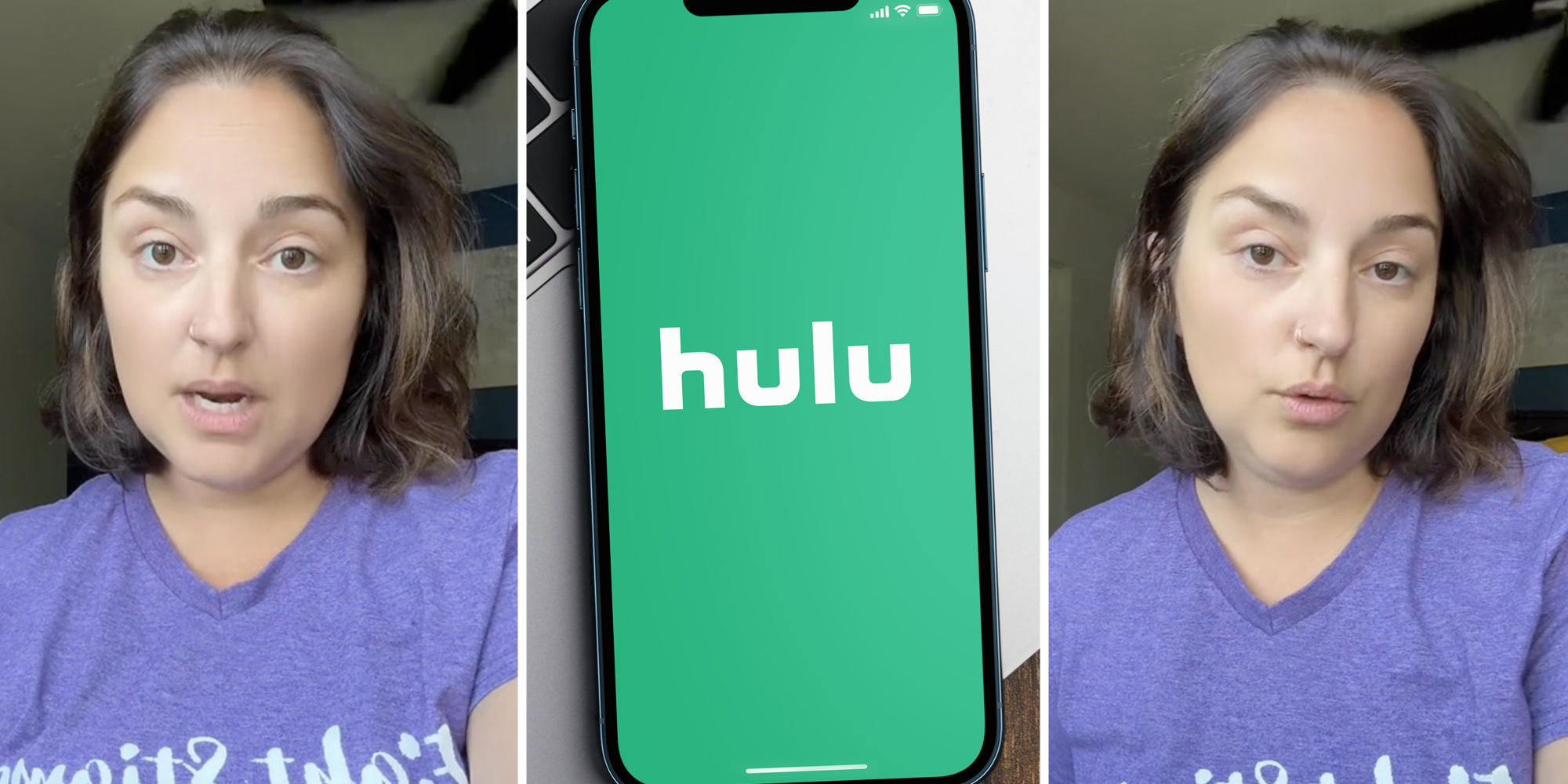 Woman talking(L+r), Hulu app on phone(c)