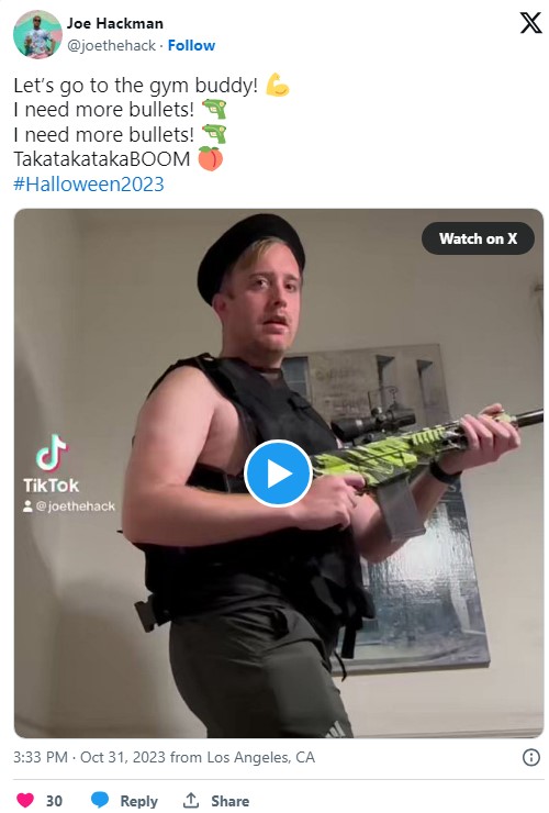 person dressed as "i need more bullets" guy on halloween