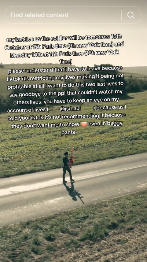 @ishraul TikTok that reads "please understand that I have to leave because tikTok it's restricting my lives making it being not profitable at all. I want to do this two last lives to say goodbye to the ppl that couldn't watch my other lives because as I told you, TikTok it's not recommedning it because they don't want me to show [peach emoji] even in baggy pants"