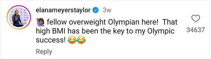 Instagram comment that reads, "fellow overweight Olympian here! That high BMI has been the key to my Olympic success! (crying laughing emojis)"