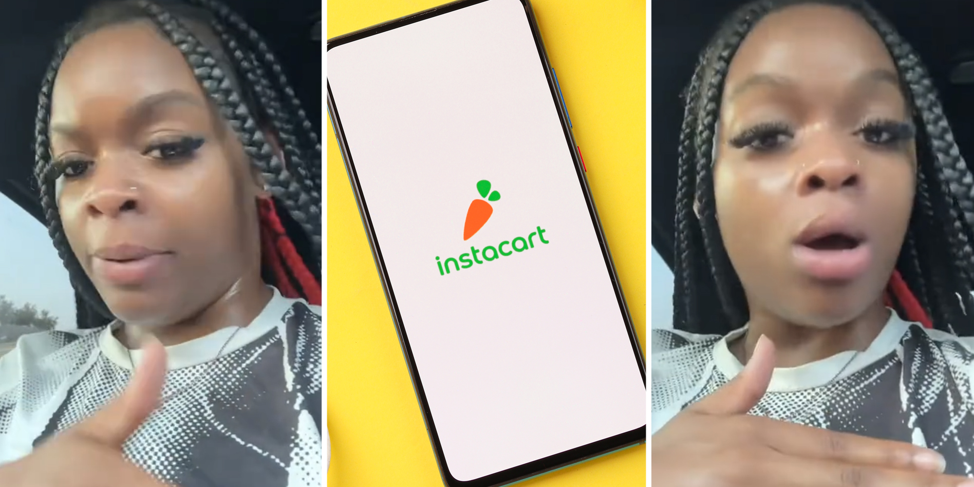 Woman talking(l+r), Instacart app on phone(c)