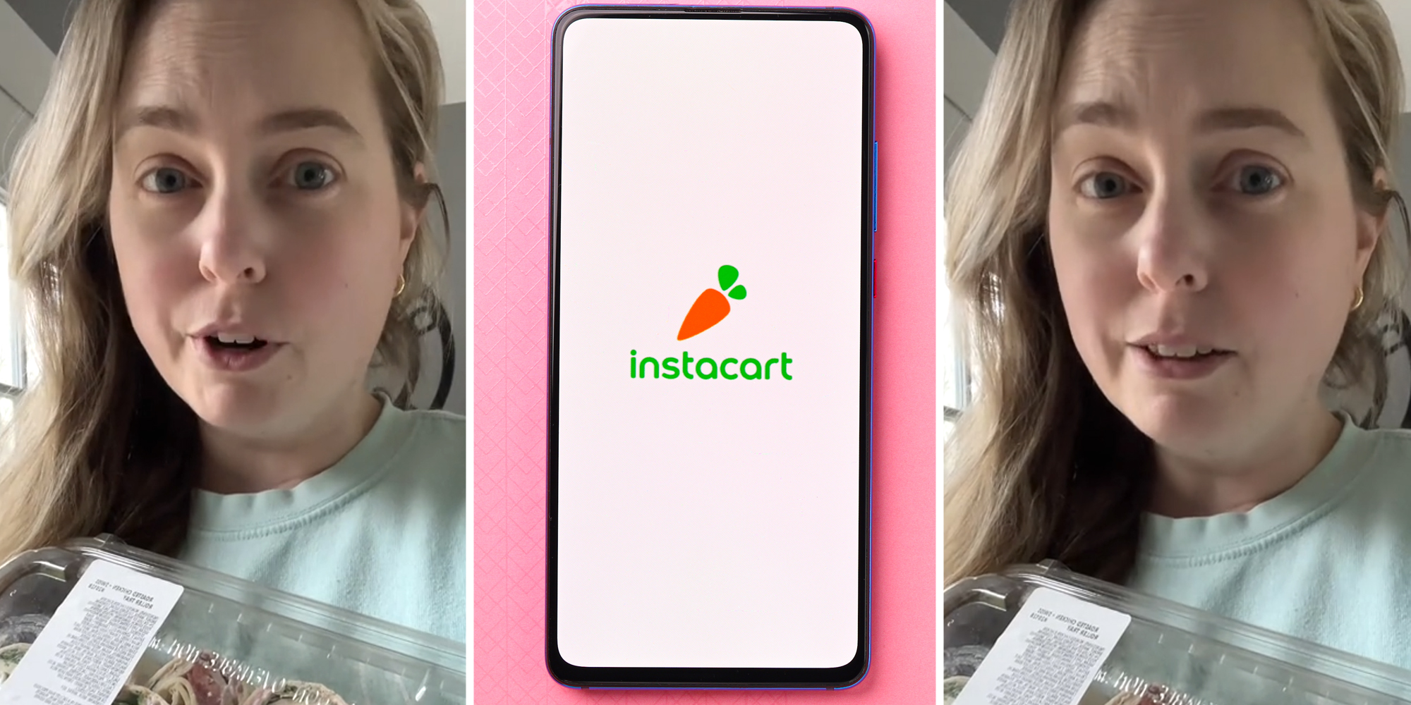 Woman talking(l+r), Instacart app on phone(C)