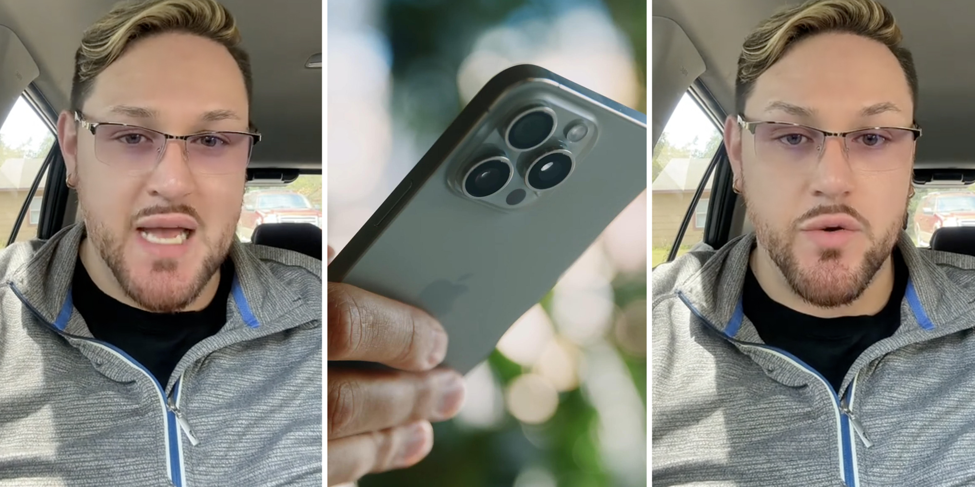 Man talking(l+r), Hand holding iphone(c)