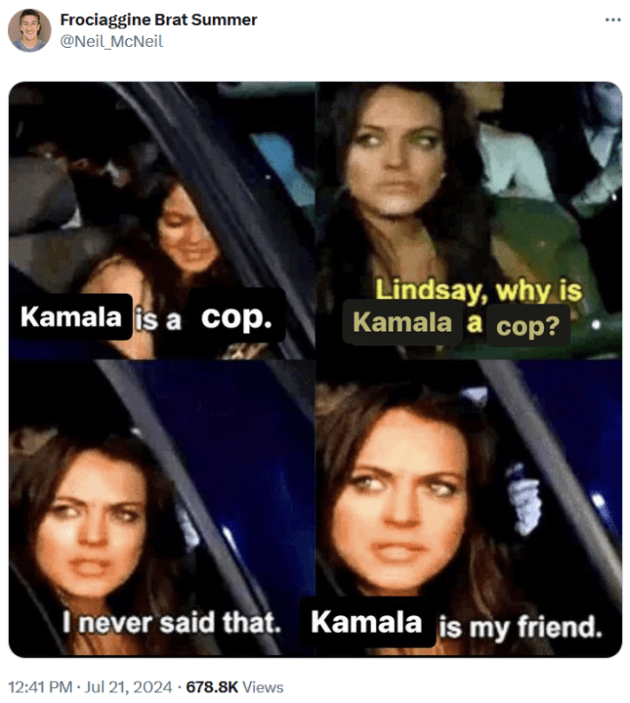 Kamala Harris cop meme with screenshots from a Lindsay Lohan movie.