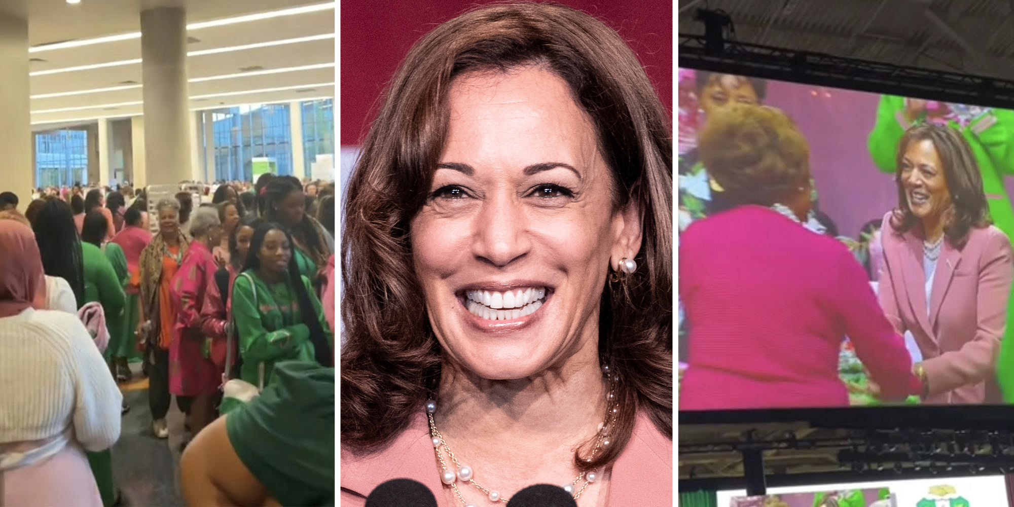 Sorority(l), Kamala Harris(c), Kamala Harris shaking hands on screen(r)