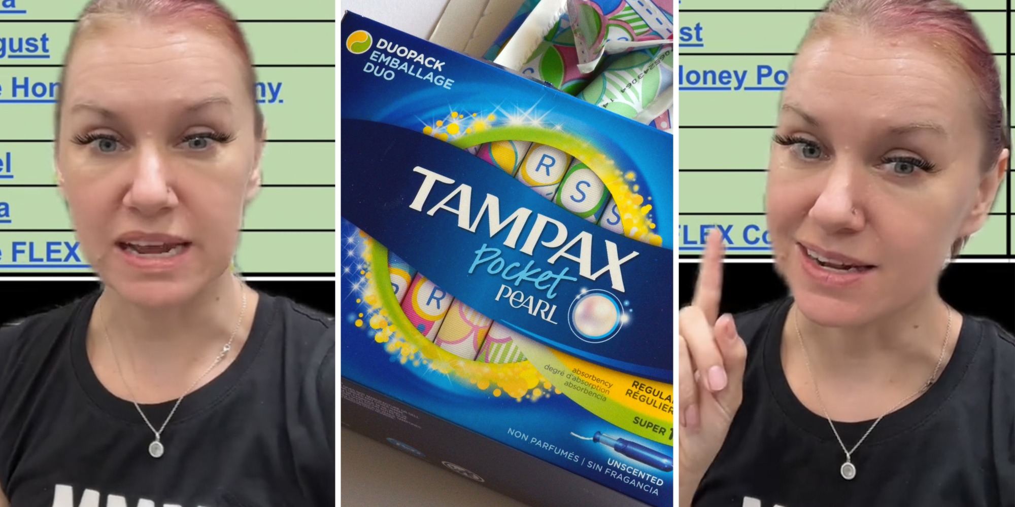 Woman talking(l+r), Tampax box(c)