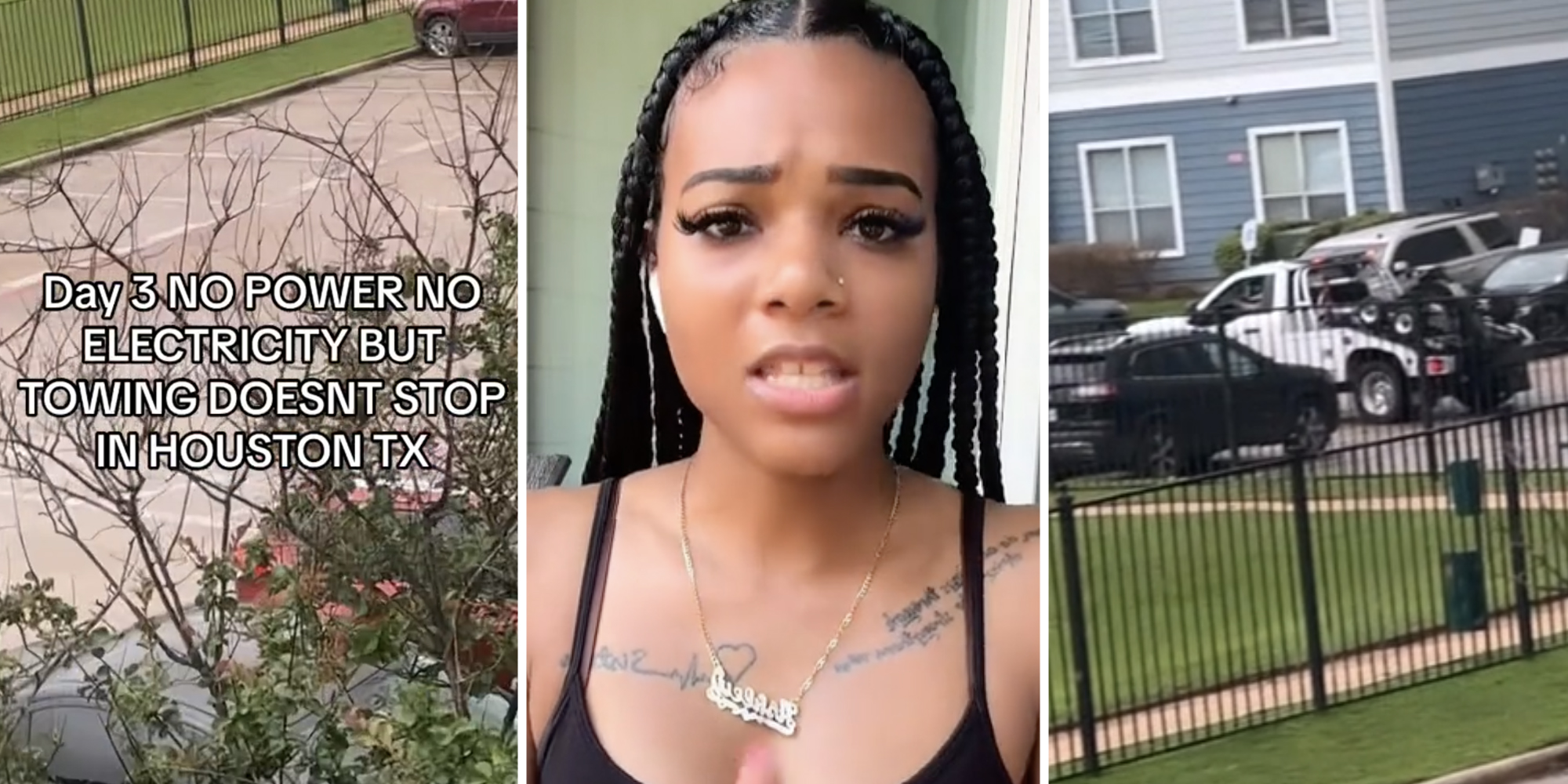 Text say "day 3 no power no electricity but towing doesn't stop in houston tx"(l), Woman talking(c), Tow truck(r)