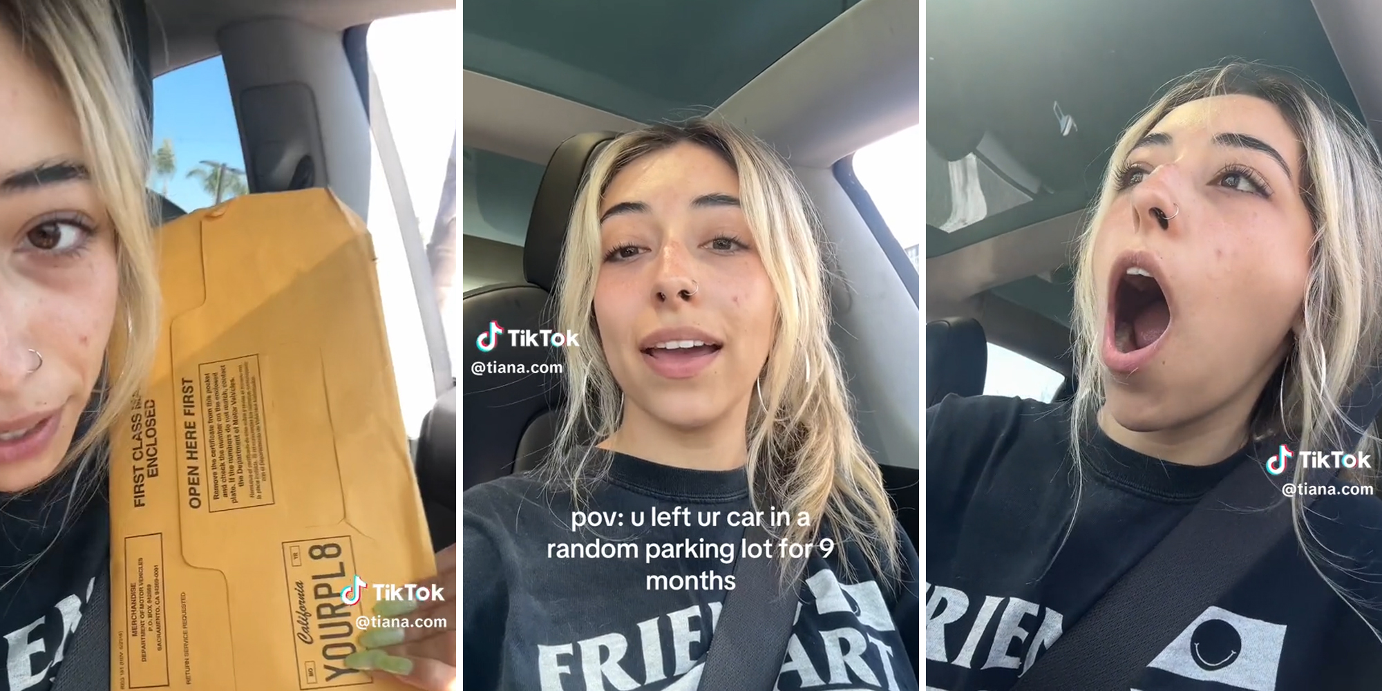 young woman in car with caption "pov: u left ur car in a random parking lot for 9 months"