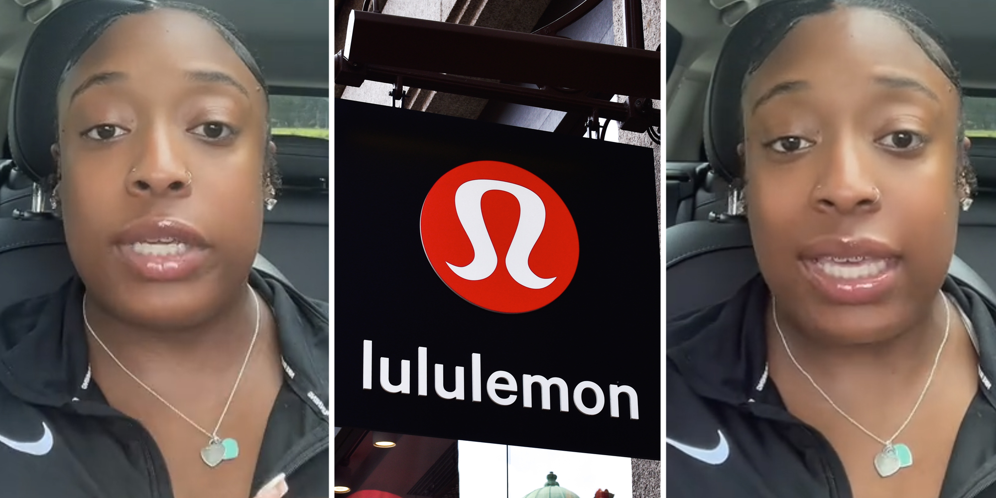 Woman talking(l+r), Lululemon sign(c)