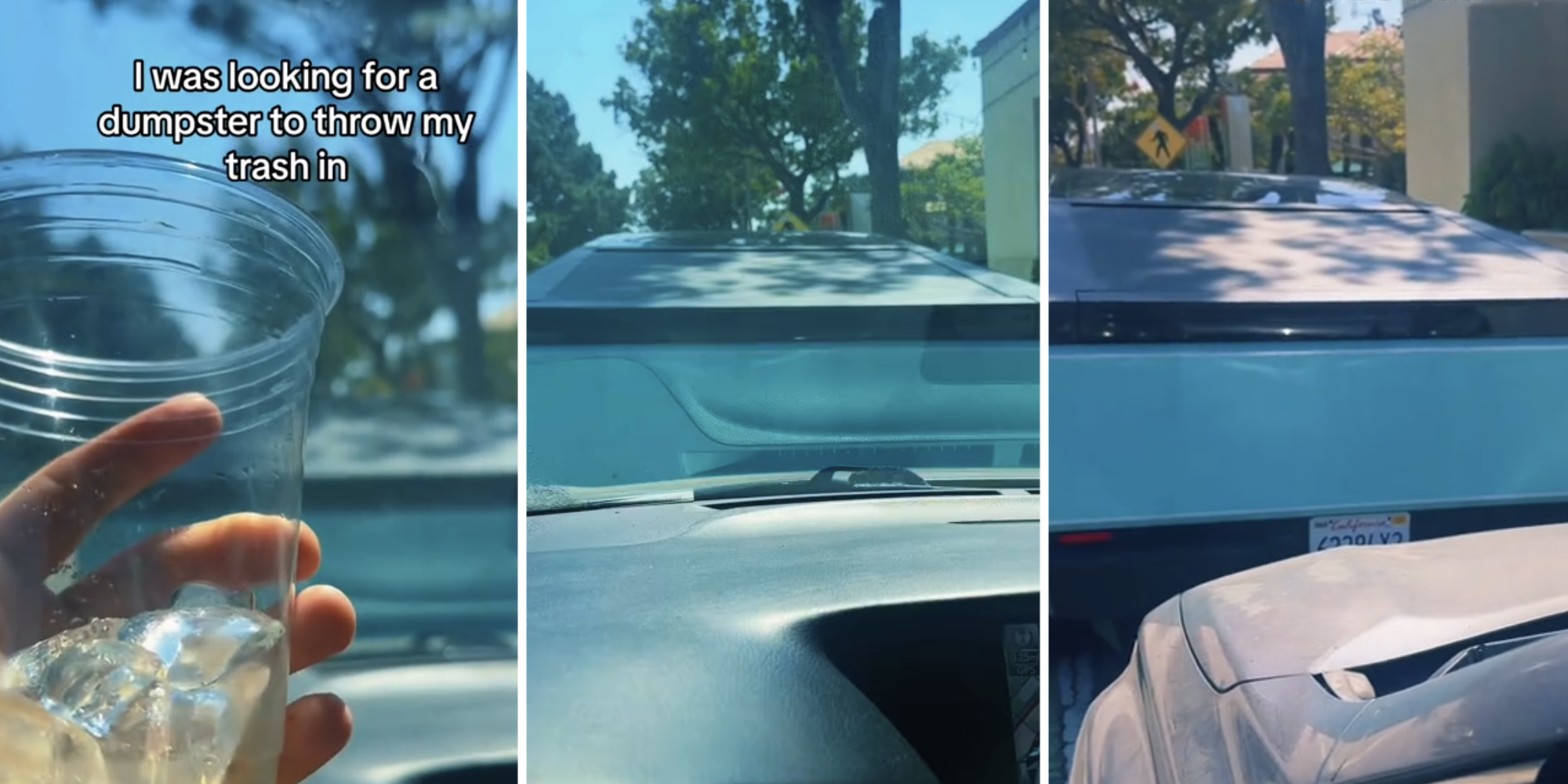 Hand holding cup(l), Dumpster(c), Tesla(r)