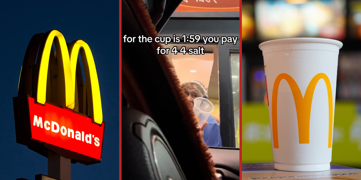 McDonald's sign (l) McDonald's drive thru with caption "for the cup 1:59 you pay 4 4 salt" (c) McDnald's cup (r)