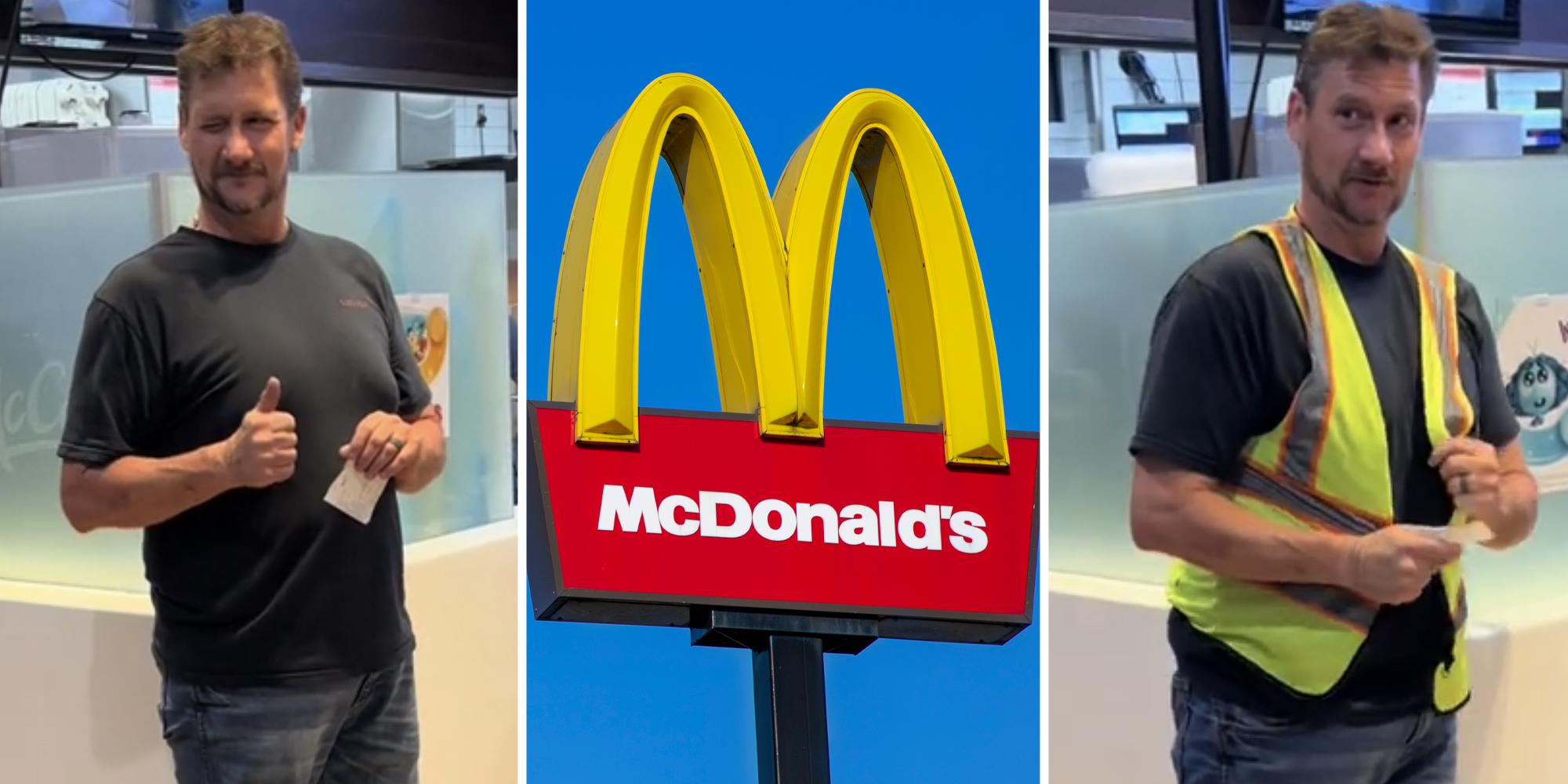 Man giving thumbs up and winking(l), McDonald's arches(c), Man in construction vest(r)
