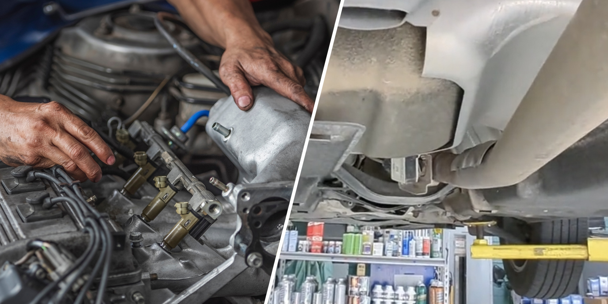 Mechanic checking car(l), Underneath car(r)