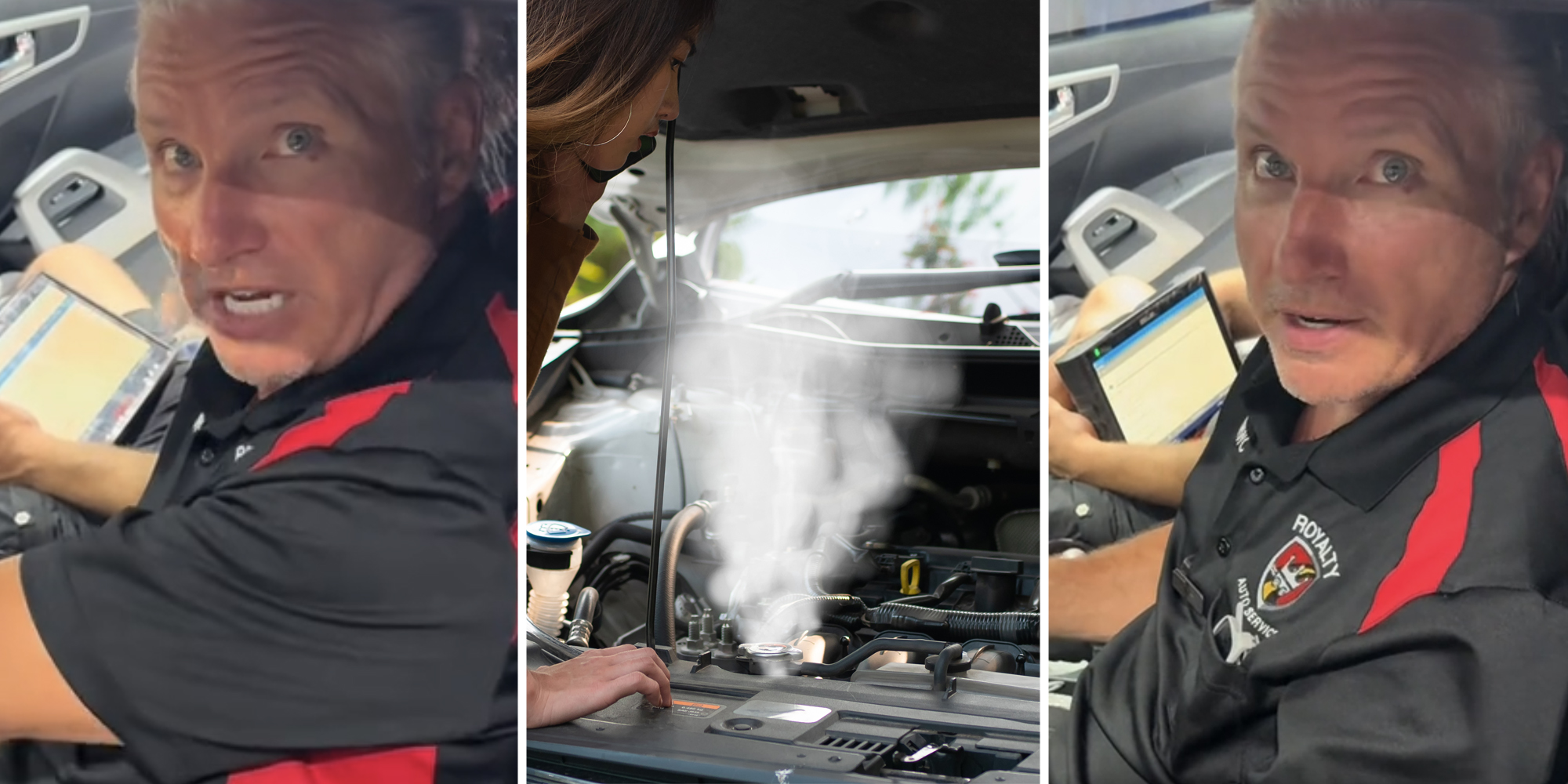 Mechanic talking(l+r), Engine smoking(c)