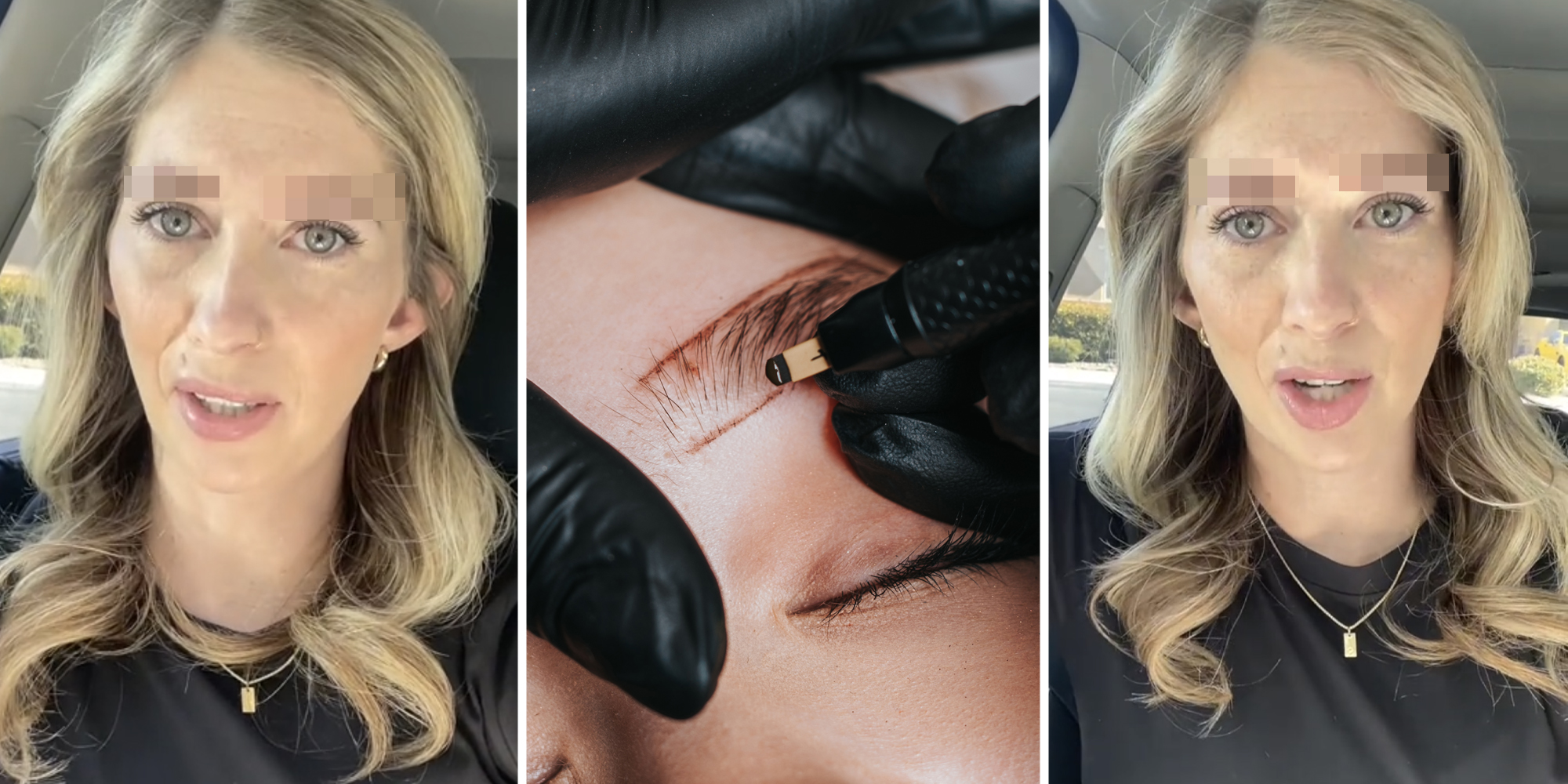 Woman talking(l+r), Eyebrows microblading(c)